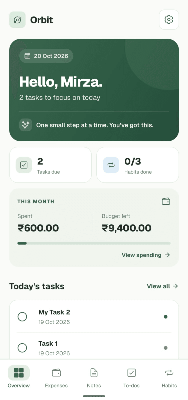Orbit Overview app screen